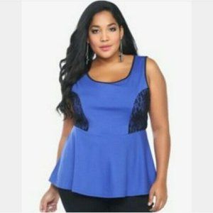Torrid Women’s Sleeveless Blue w/ Black Lace Peplum Top Blouse Stretch 3 3x